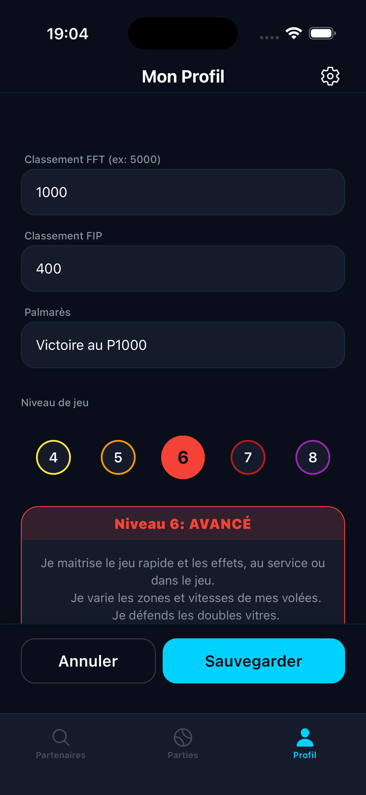 Profil joueur